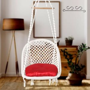 Patiofy Swing For Adults/Cotton D Shape Swing Chair/Jhula For Adults/Wooden Swing For Living Room/Swing For Balcony/Swing Chair For Adults For Home/Includes Hanging Kit&Red Cushion (White)