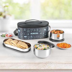 Borosil Carry Fresh Stainless Steel Lunchbox | 3pc Set (280ml x 2 + 475ml x 1 Chapati Dabba) | Tiffin for Office, School & College with Food Grade Steel | Leakproof & Dishwasher Safe | 1 Year Warranty