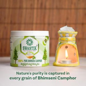 SWASTIK Organic & Original Bhimseni Camphor Jar || Bhimseni Camphor Flakes for Purifying & Pleasant Fragrance for Pooja & Hawan, 250gm Jar (Pack of 1)