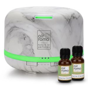 AIR-ROMA 500Ml Essential Mist Aroma Diffuser|Lemongrass Oil 30Ml|Ultrasonic Electric Aromatherapy Fragrant Oil Vaporiser Humidifier|Auto-Off Safety Switch|7 Led Changing Light Colors Plastic