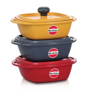 Hawkins Kitchen Gift Pack 2023 (23DGP) 3 Pieces Set of Die-Cast Square Mini Casseroles for Cooking, Reheating, Serving and Storing, Aluminium, Red, Yellow, Grey, 2.25 litre