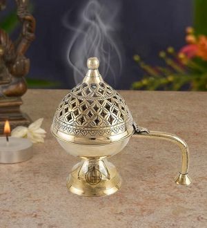 Dsh Home Purifying Brass Dhuna Loban Burner Dhooni Dhoop Dani Dhuni Brass Table Dhoop Dani Incense Burner For Loban(Round)