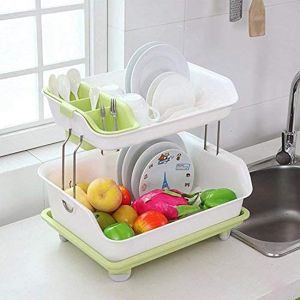 SONANI Plastic Kitchen 2 Layer Sink Dish Plate Drainer Drying Rack Wash Organizer with Tray Utensil Holder Basket - Green