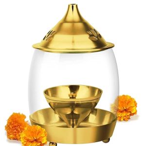 Casa Illuminate Decorative Brass Diya for Puja with Glass Cover - Home Decoration Oil Pooja Akhand Diyas , Big Size Room Lamp , 6 inches Mandir Jyoti Wick Holder Stand , Gold Lid Lamps decorations