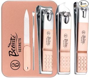 Beauté Secrets Nail Clippers - 5 Pcs Set Toenail Clipper, Fingernail Clipper & Nail File, Ear Cleaner, Nail Cutter Set with Metal Gift Tin Box for Men and Women (Peach)