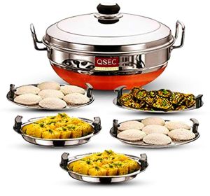 QSEC Stainless Steel Multi Kadai Idli cooker steamer with Copper Bottom All-in-One Big Size dhokla cooker | 5 Plate 2 Idli | 2 Dhokla | 1 Patra | Momo steamer | 3 in 1 | Idli maker steamer - 285MM 100% Non toxin material