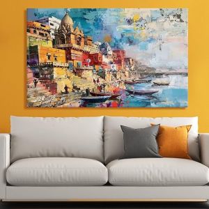  Banaras Ghat Paintings for Living Room | Varanasi Ghat Ganga River Canvas Wall Art | Indian Traditional Wall Painting for Decor (18 Inch x 24 Inch, A)