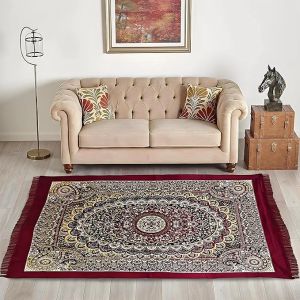 Water Absorption Kalamkari Paisley Pattern Floor Mat|Velvet Sitting Carpet for Hall, Living Room, 5x7 Feet (Maroon)